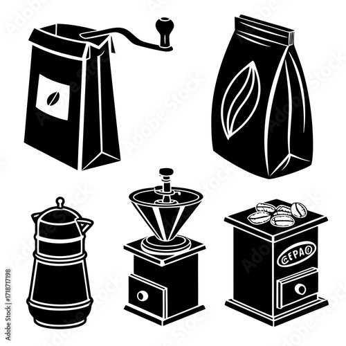 Coffee brewing tools and packaging icons coffee bean