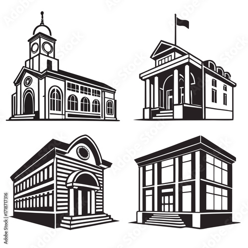 Collection of building silhouettes with architectural details