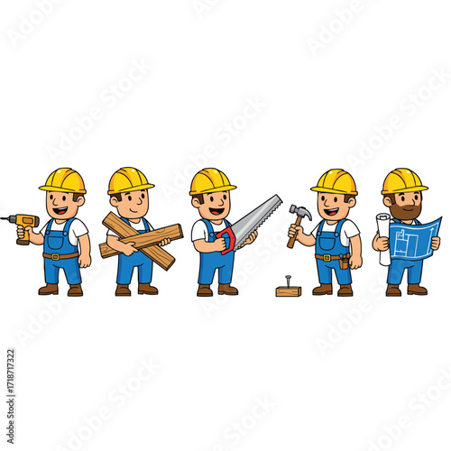 Set of five cartoon construction worker characters with various building tools and a blueprint.