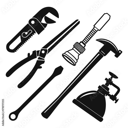 Collection of construction and repair tools in silhouette