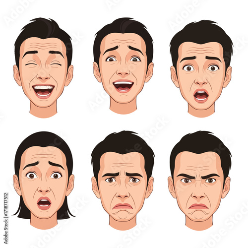 Set of illustrated Asian faces showing a wide range of human emotions including joy fear sadness and anger.