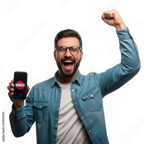 Man celebrating victory while holding a phone with winner message on it