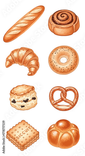 Assortment of Baked Goods Watercolor Illustrations of Baguette, Cinnamon Roll, Croissant, Biscuit, and More