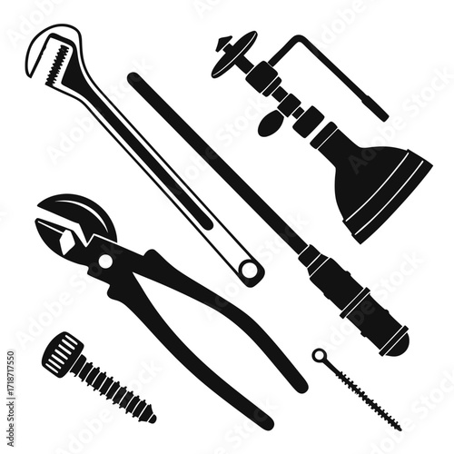 Collection of Tools and Fasteners Silhouettes wrench