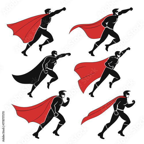 Collection of superhero silhouettes in dynamic flying poses