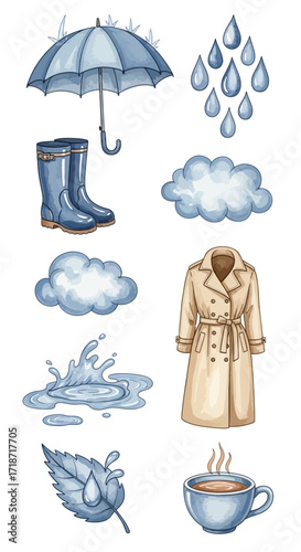 Watercolor clip art set featuring rain-themed items, including an umbrella, boots, clouds, and rain drops