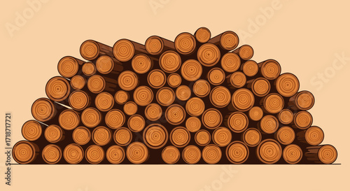 Pile of stacked brown wood logs, illustrated in a flat lay style against a beige background, showing a detailed texture and warm color palette.