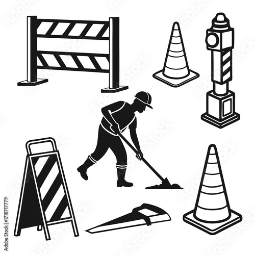 Construction worker and road safety icons with hydrant