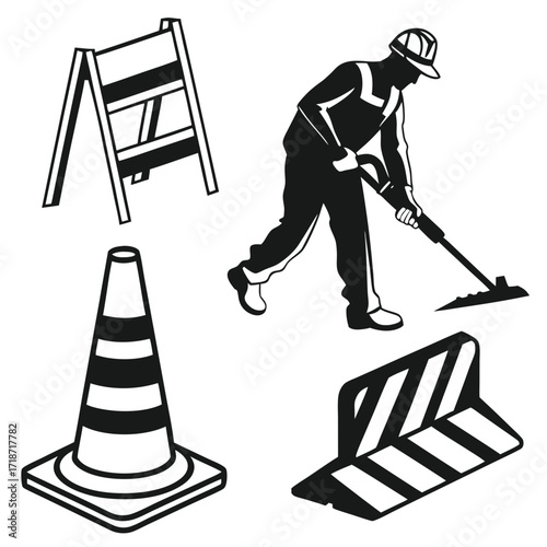 Construction worker and traffic safety equipment icons