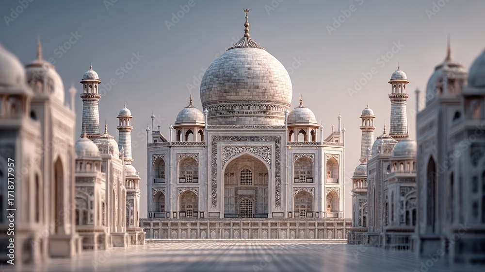 Obraz premium The Taj Mahal, an iconic white marble mausoleum in India, showcases intricate Mughal architecture with domes, minarets, and detailed carvings under a clear sky.