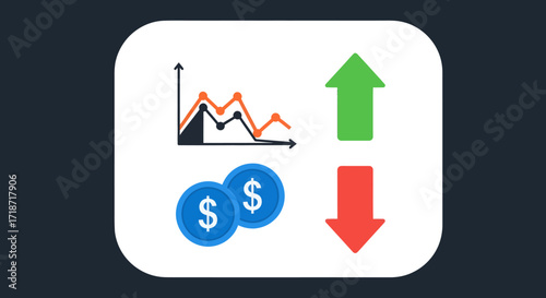 Flat lay image of financial graph showing market decline and recovery, with upward and downward arrows and coins, against a white background; conveying a serious mood.