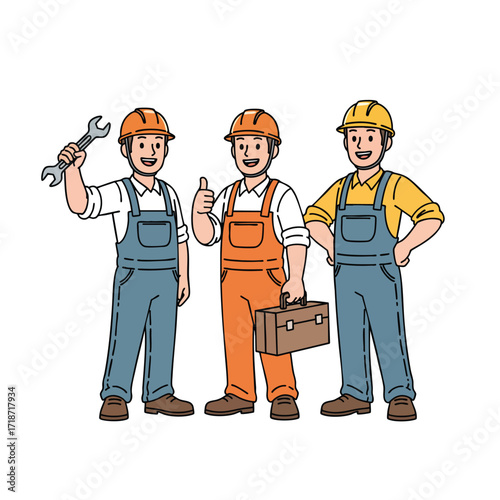 Team of three cartoon construction workers in hard hats and overalls with a wrench and toolbox.