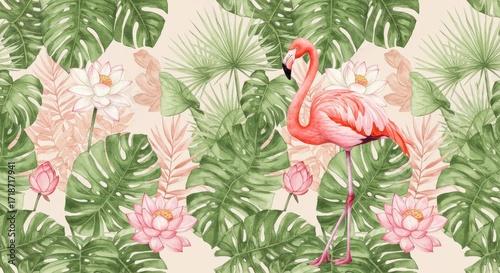 Watercolor Flamingo Lotus Flowers and Tropical Leaves Pattern.