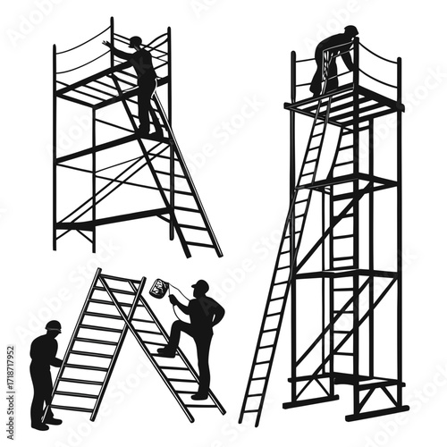 Construction workers on scaffolding and ladders with tools