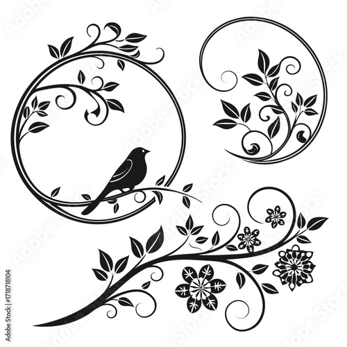 Decorative floral branches with bird and swirling vines