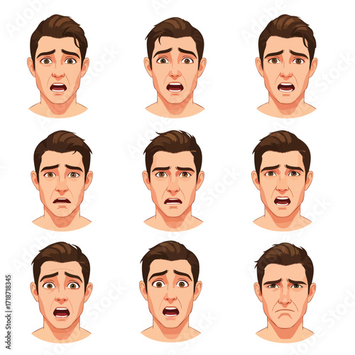 Vector illustration set of a young mans head with different scared shocked and worried facial expressions.