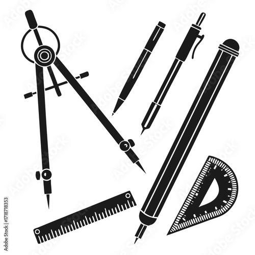 Drafting Compass Protractor and Pens Silhouette Collection