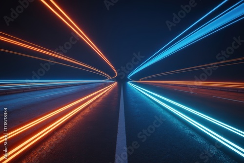 Neon blue and orange light streaks blur across a dark road at high speed
