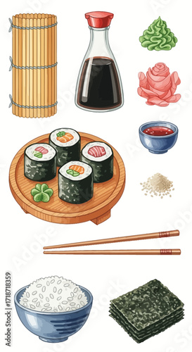 Delicious Sushi Ingredients A Watercolor Clip Art Set Featuring Maki Rolls, Soy Sauce, and Chopsticks