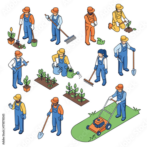 Vector illustration set of isometric gardeners men and women with gardening tools and plants.