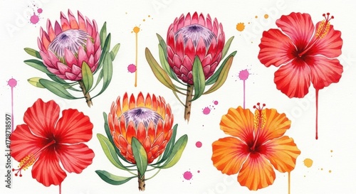 Watercolor Protea and Hibiscus Flowers on White Background.