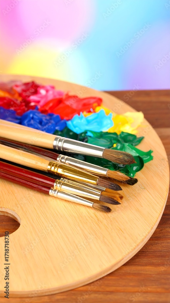 Obraz premium Paintbrushes and palette on wood