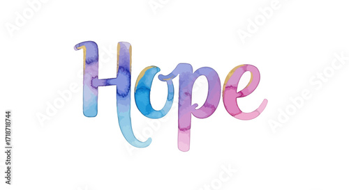 Artistic watercolor word 'Hope' in serene ocean blue hues on white background, conveying optimism