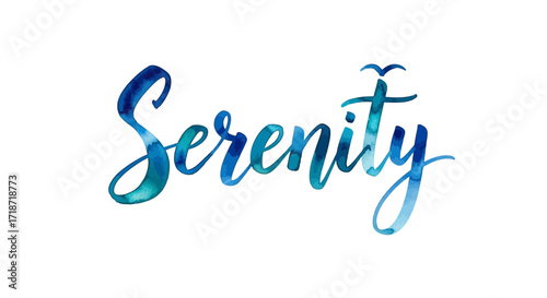 Serenity A Tranquil Watercolor Word Art Design on White - Explore Peace and Calm