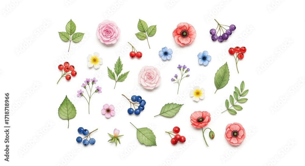 custom made wallpaper toronto digitalWatercolor Floral Arrangement with Berries and Leaves on White.