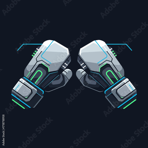 Futuristic boxing gloves with a metallic finish and neon accents on a dark background.