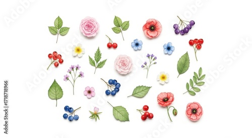 Wallpaper Mural Watercolor Floral Arrangement with Berries and Leaves on White. Torontodigital.ca