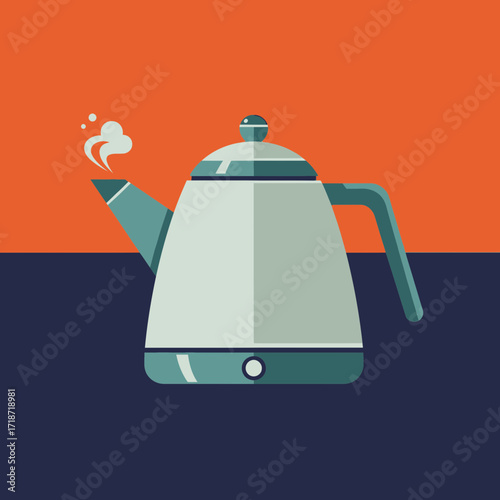 Illustration of a steaming kettle on a two-tone background.