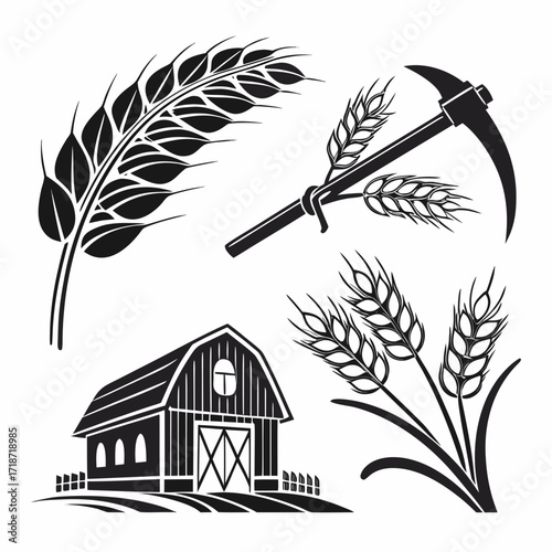 Farm Icons Wheat Barn Pickaxe and Fence Keywords: agriculture, farm, farming, harvest, wheat