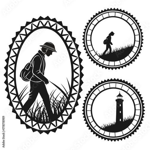 Explorer, Lighthouse, and Person on Hill Silhouettes in Frames