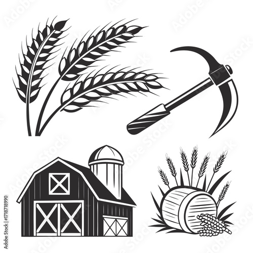 Farm Icons Wheat Barn Pickaxe and Barrel Keywords: agriculture, farm, farming, harvest, wheat