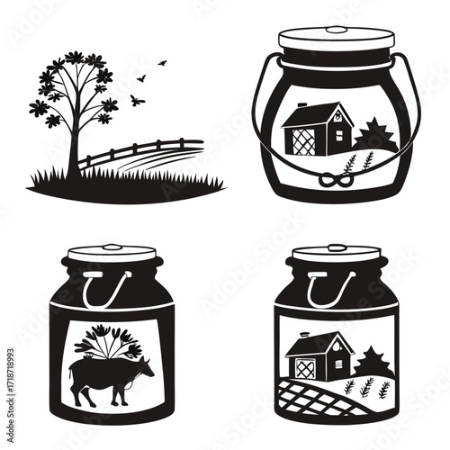 Farm Life and Dairy Container Silhouettes house tree