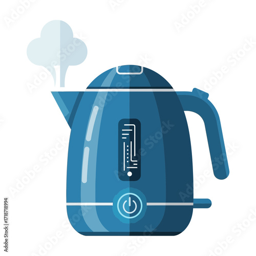 Illustration of a blue electric kettle with steam coming out of the spout.