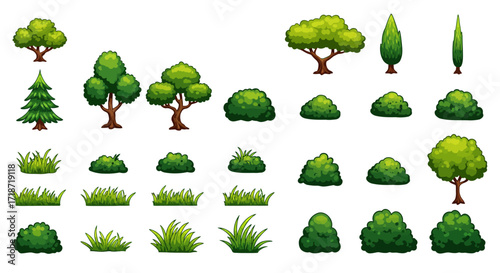 A collection of pixel art trees, bushes, and grass rendered in a cartoon style, showcasing various shapes and sizes on a white background.
