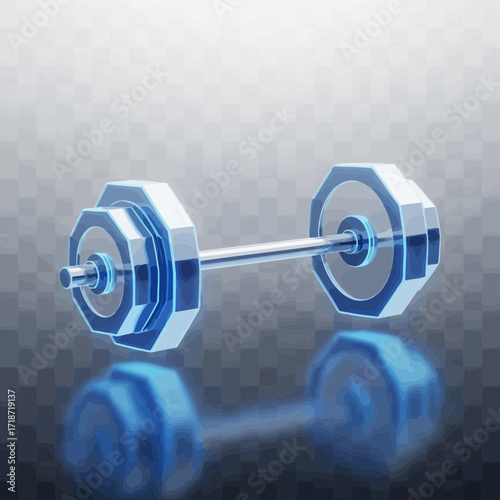Blue 3D barbell with reflection on a transparent background.