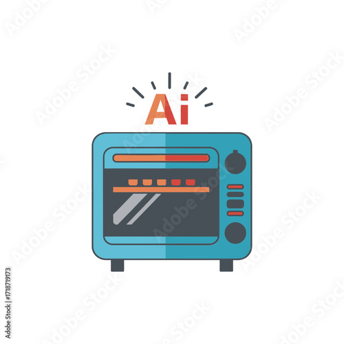 Illustration of a blue oven with the letters AI above it, suggesting artificial intelligence in cooking.