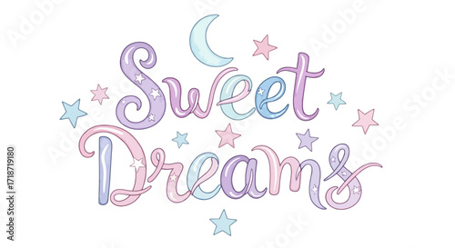 Whimsical pastel lettering for bedtime wishes with cute stars and a crescent moon