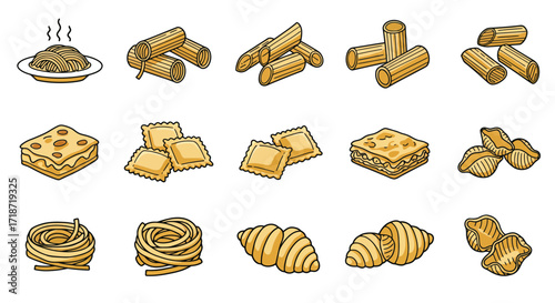 An assortment of different types of pasta, including spaghetti, rigatoni, penne, ravioli, lasagna, and farfalle, arranged in rows.