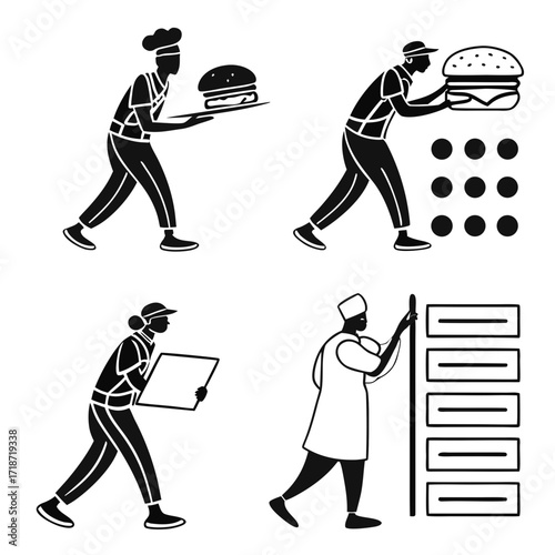 Food service personnel preparing and serving burgers