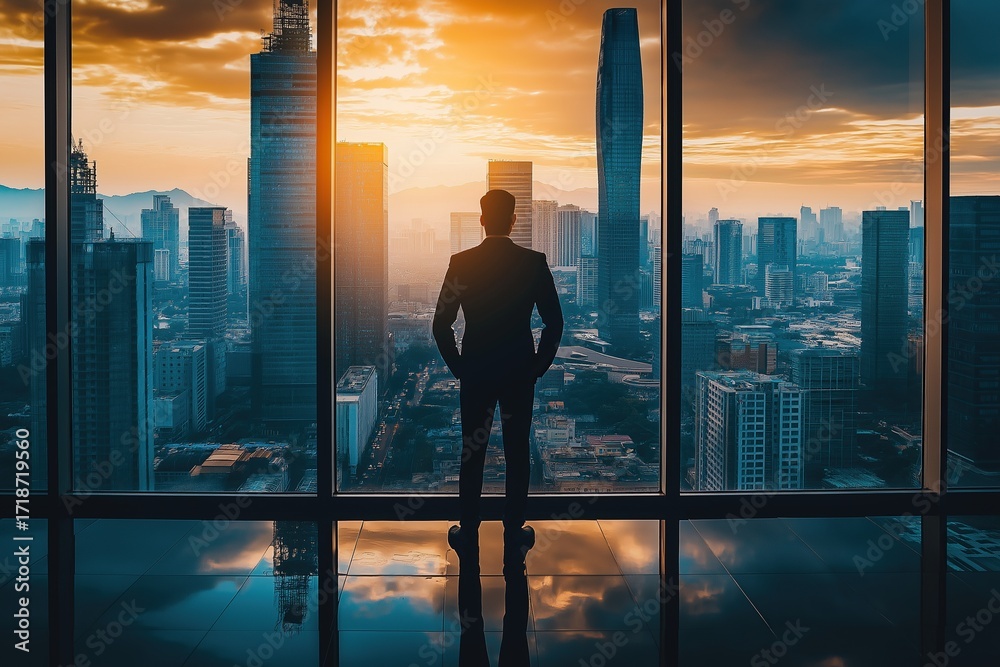 Fototapeta premium Businessman standing in front of window with city skyline at sunset looking out over skyscrapers symbolizing success and corporate growth business, concept for setting goals and growing business
