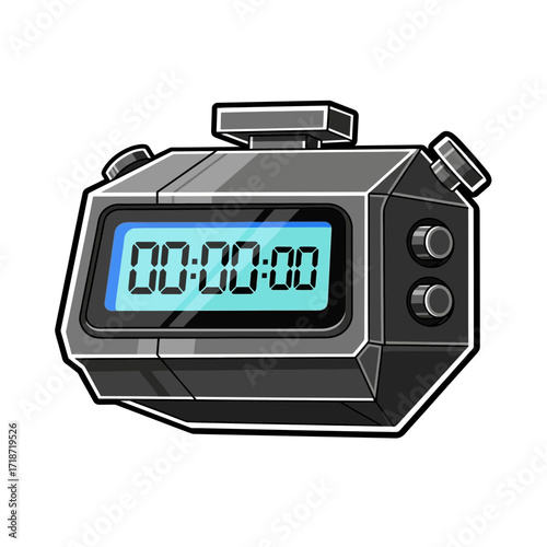 Cartoon illustration of a digital stopwatch with a blue screen showing 00:00:00.