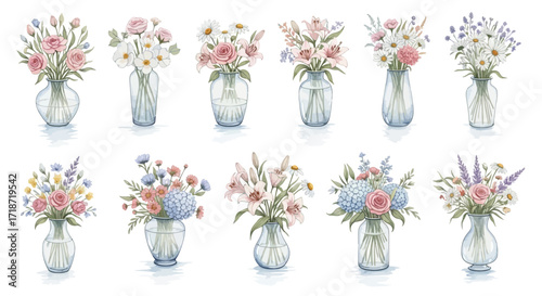 Collection of twelve isolated watercolor floral arrangements in transparent glass vases
