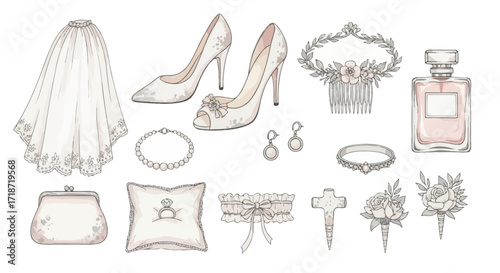 Elegant Watercolor Bridal Accessories Set Veil, Shoes, and Floral Elements for Wedding Designs