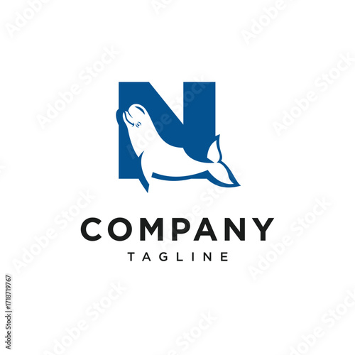 Letter N Beluga Whale Logo Icon Vector