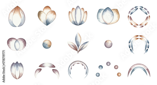 Set of abstract watercolor spiritual symbols and floral bohemian logo elements collection