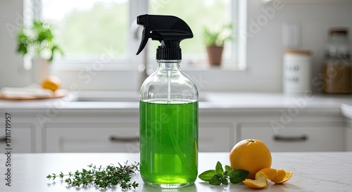 Freshly made natural green cleaning spray with orange and herbs displayed in a bright modern kitchen, perfect for eco-friendly homes seeking healthy living solutions.